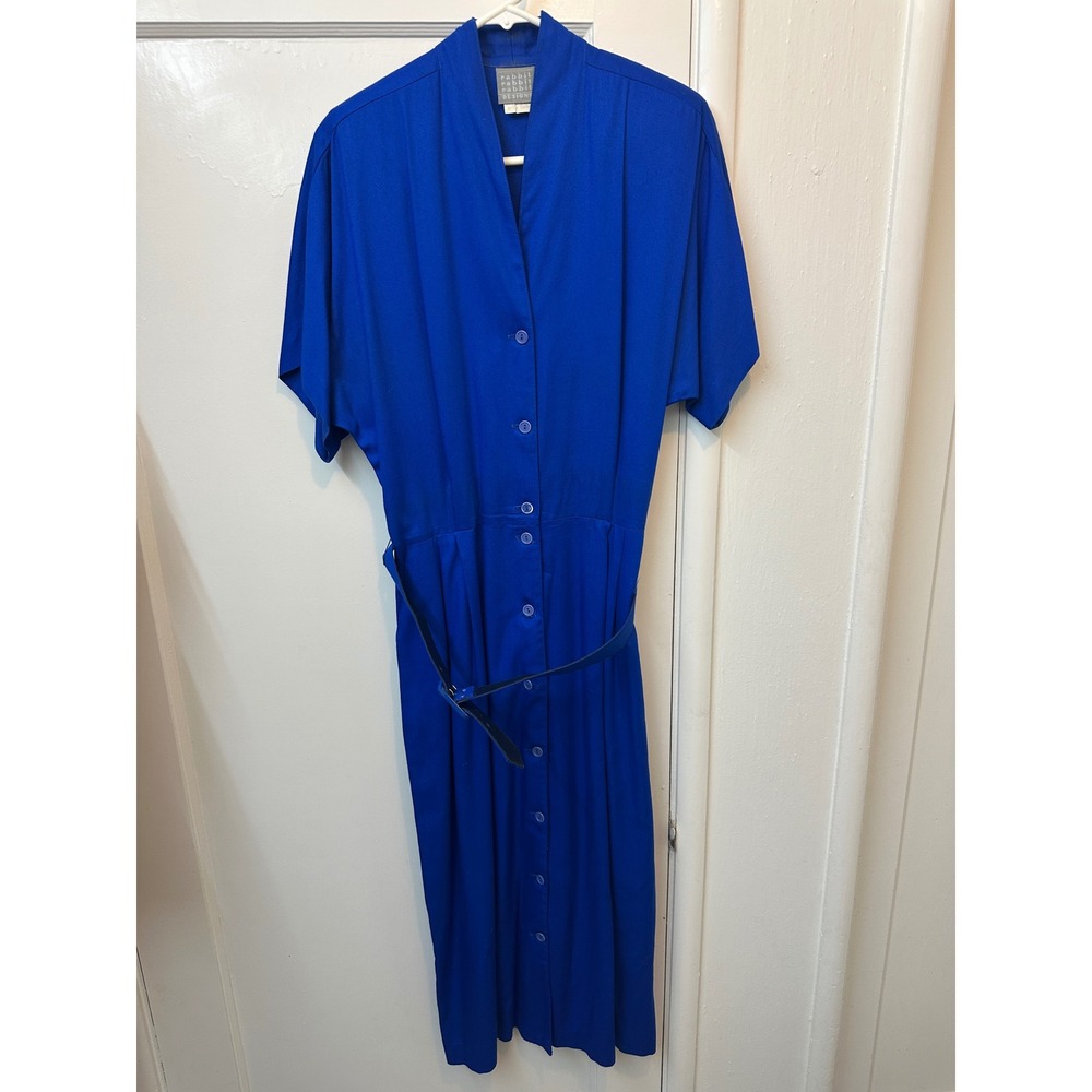 Rabbit Rabbit Designs Vintage Blue Rayon Button Front Belted Midi Dress USA Made